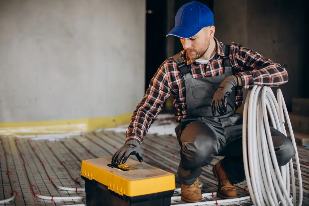 Homme rénovant un plancher chauffant